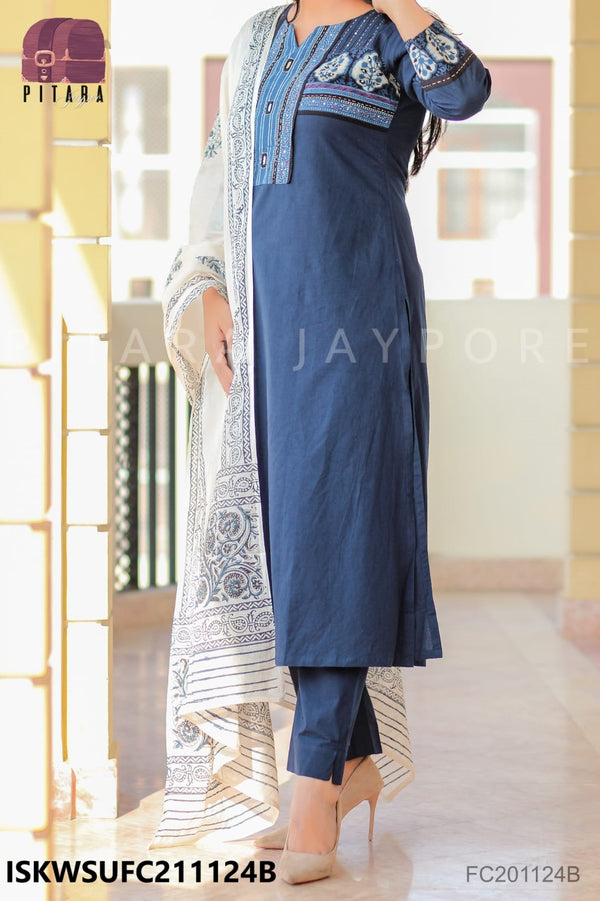 Ajrakh Cotton Kurti With Pant And Printed Dupatta -ISKWSUFC211124R/FC201124B