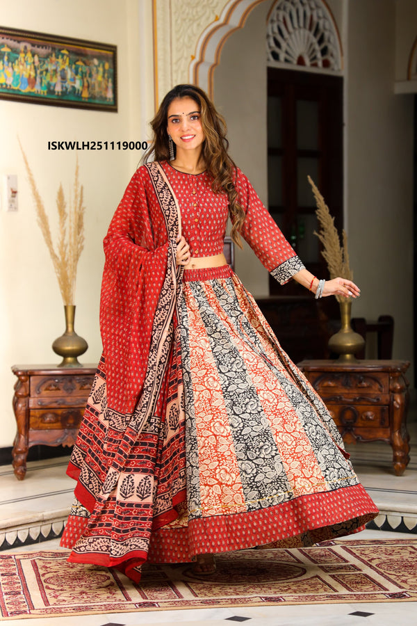 Bagru Hand Block Printed Cotton Lehenga With Blouse And Malmal Dupatta-ISKWLH251119000