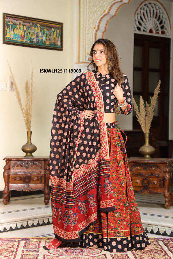 Bagru Hand Block Printed Cotton Lehenga With Blouse And Malmal Dupatta-ISKWLH251119003