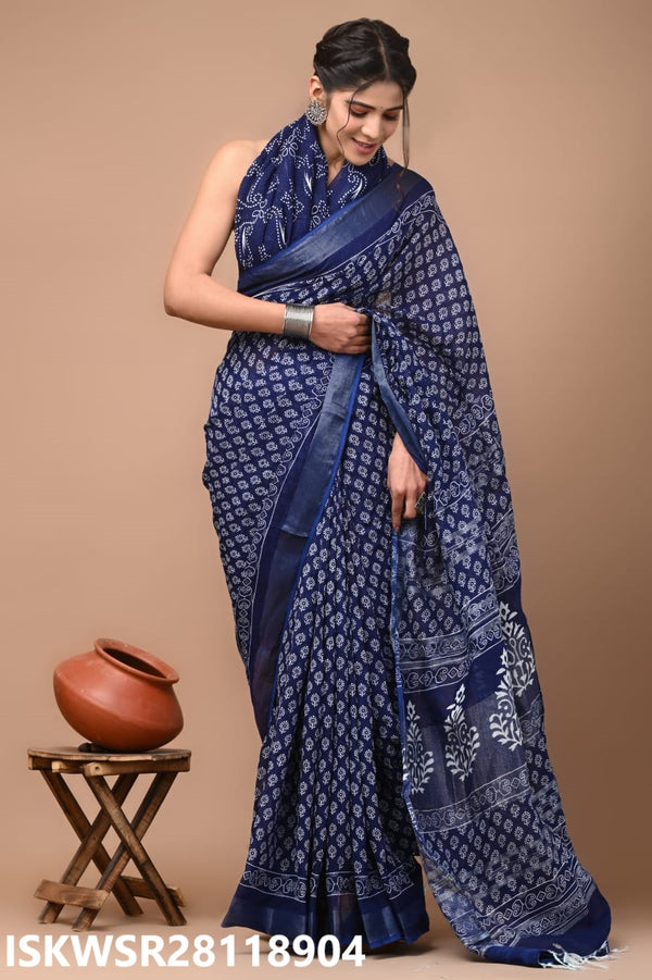 Hand Block Printed Linen Saree With Blouse-ISKWSR28118904