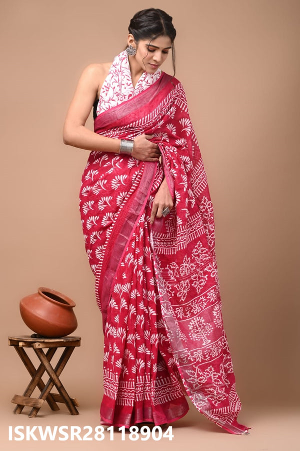 Hand Block Printed Linen Saree With Blouse-ISKWSR28118904