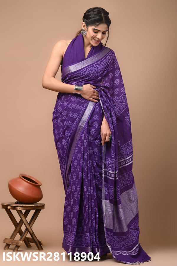 Hand Block Printed Linen Saree With Blouse-ISKWSR28118905