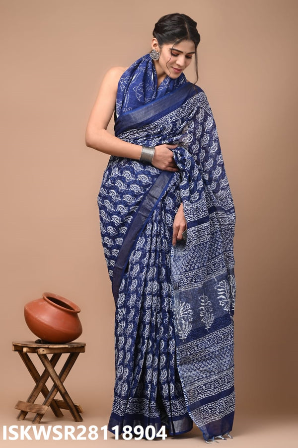 Hand Block Printed Linen Saree With Blouse-ISKWSR28118904