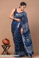 Hand Block Printed Linen Saree With Blouse-ISKWSR28118905