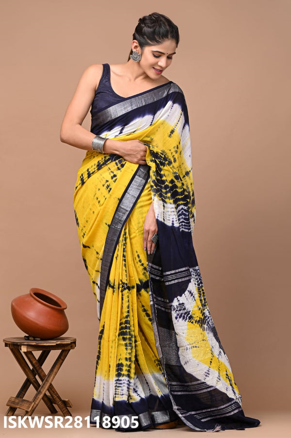 Hand Block Printed Linen Saree With Blouse-ISKWSR28118905