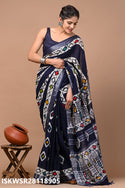 Hand Block Printed Linen Saree With Blouse-ISKWSR28118905