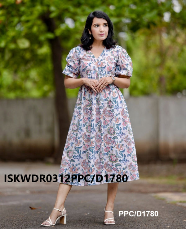 Hand Block Printed Cotton Maxi Dress-ISKWDR0312PPC/D1780