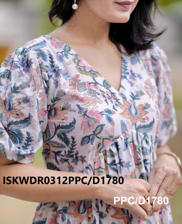 Hand Block Printed Cotton Maxi Dress-ISKWDR0312PPC/D1780