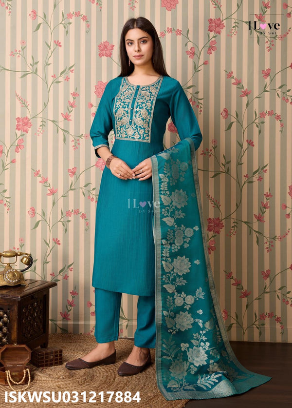 Embroidered Silk Kurti With Pant And Printed Dupatta-ISKWSU031217884