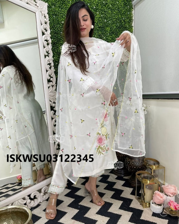 Embroidered Cotton Kurti With Pant And Organza Dupatta-ISKWSU03122345