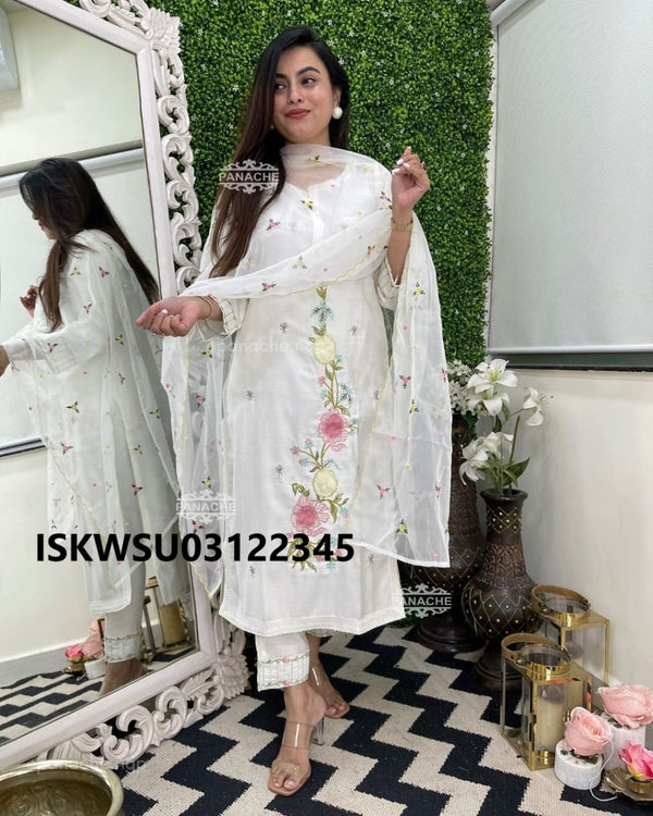 Embroidered Cotton Kurti With Pant And Organza Dupatta-ISKWSU03122345