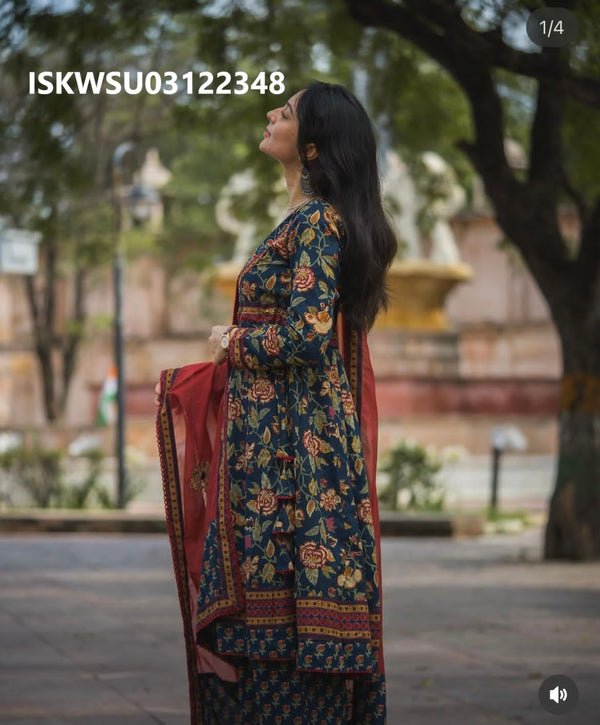 Printed Cotton Anarkali Kurti With Pant And Dupatta-ISKWSU03122348