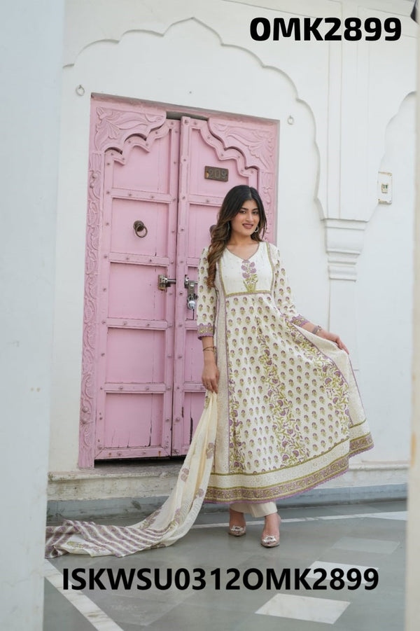 Block Printed Cotton Anarkali Kurti With Pant And Dupatta-ISKWSU0312OMK292