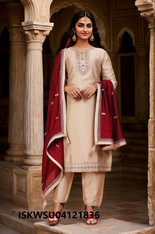 Embroidered Silk Kurti With Pant And Dupatta-ISKWSU04121836