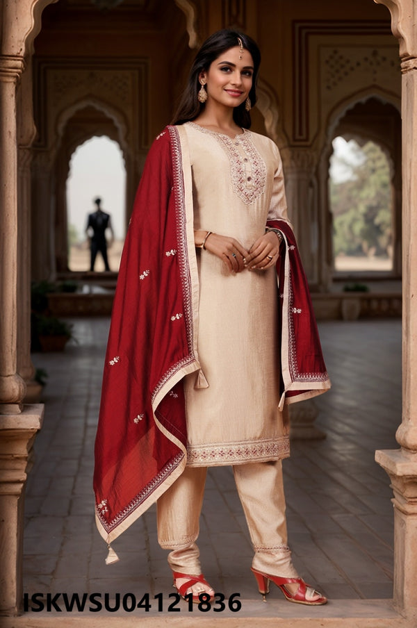 Embroidered Silk Kurti With Pant And Dupatta-ISKWSU04121836