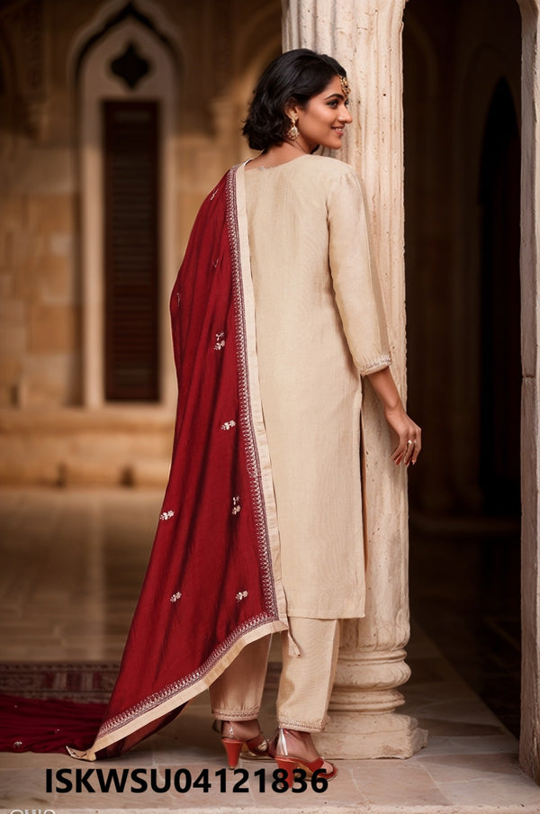 Embroidered Silk Kurti With Pant And Dupatta-ISKWSU04121836