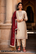 Embroidered Silk Kurti With Pant And Dupatta-ISKWSU04121836