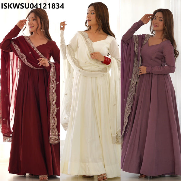 Silk Anarkali Kurti With Pant And Embroidered Georgette Dupatta-ISKWSU04121834