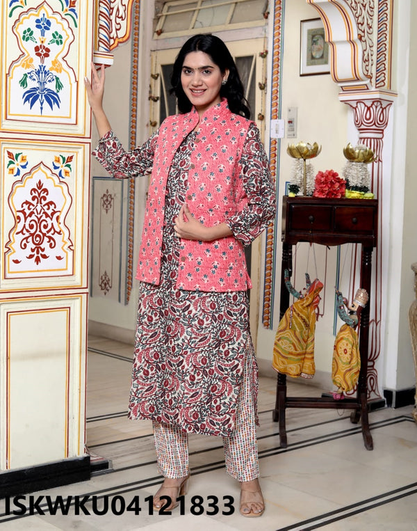 Kantha Printed Cotton Kurti With Pant And Woolen Jacket-ISKWKU04121833