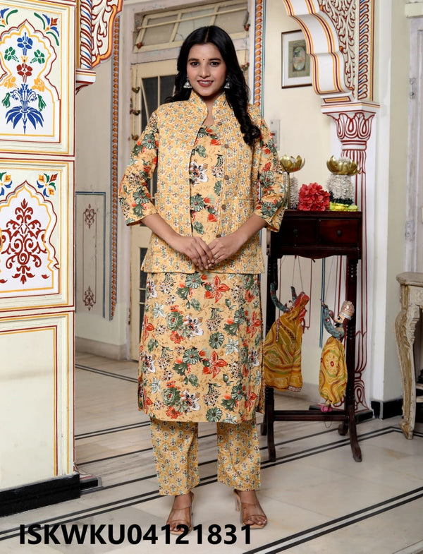 Kantha Printed Cotton Kurti With Pant And Woolen Jacket-ISKWKU04121831