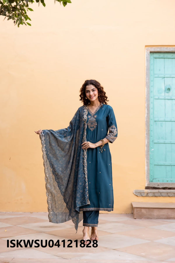 Embroidered Modal Maslin Kurti With Pant And Dupatta-ISKWSU04121828