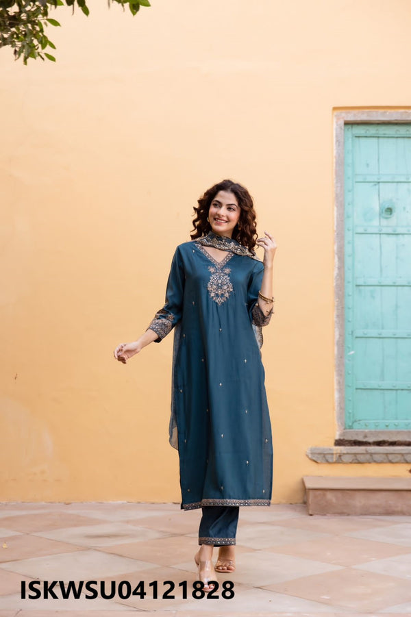 Embroidered Modal Maslin Kurti With Pant And Dupatta-ISKWSU04121828