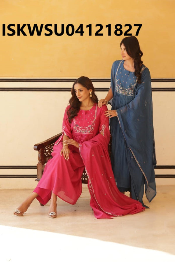 Embroidered Malmal Chanderi Kurti With Pant And Dupatta-ISKWSU04121827