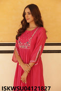 Embroidered Malmal Chanderi Kurti With Pant And Dupatta-ISKWSU04121827