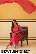 Embroidered Malmal Chanderi Kurti With Pant And Dupatta-ISKWSU04121827