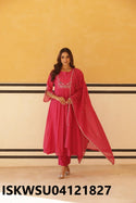 Embroidered Malmal Chanderi Kurti With Pant And Dupatta-ISKWSU04121827