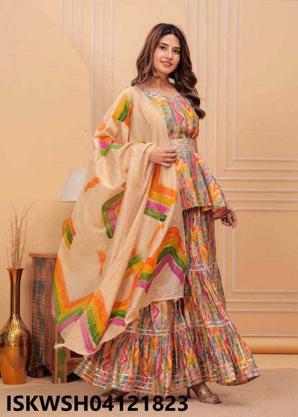 Digital Printed Maslin Anarkali Kurti With Sharara And Chanderi Dupatta-ISKWSH04121823