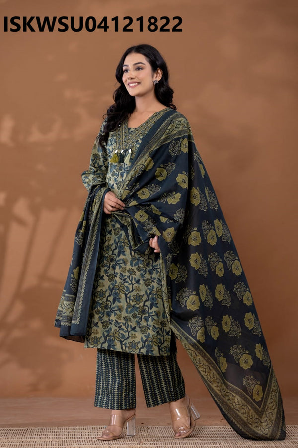 Printed Cotton Kurti With Pant And Dupatta-ISKWSU04121822