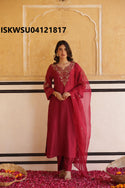 Embroidered Silk Kurti With Pant And Organza Dupatta-ISKWSU04121817