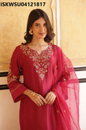 Embroidered Silk Kurti With Pant And Organza Dupatta-ISKWSU04121817