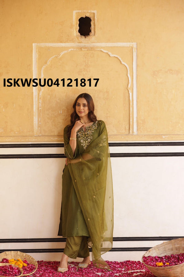 Embroidered Silk Kurti With Pant And Organza Dupatta-ISKWSU04121817