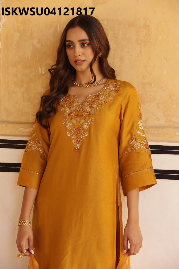 Embroidered Silk Kurti With Pant And Organza Dupatta-ISKWSU04121817