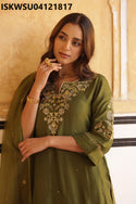 Embroidered Silk Kurti With Pant And Organza Dupatta-ISKWSU04121817