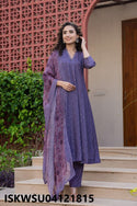 Self Zari Weaved Dola Silk Anarkali Kurti With Pant And Printed Organza Dupatta-ISKWSU04121815