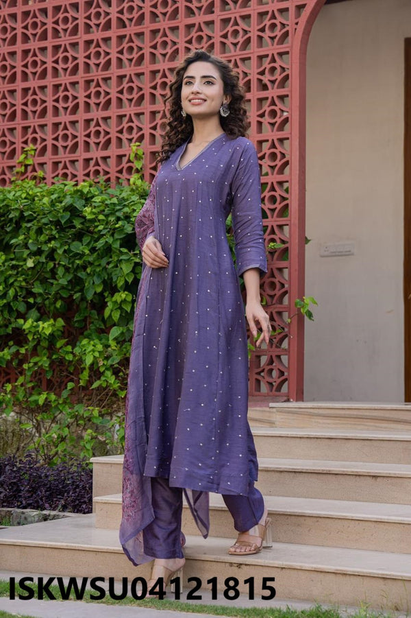 Self Zari Weaved Dola Silk Anarkali Kurti With Pant And Printed Organza Dupatta-ISKWSU04121815