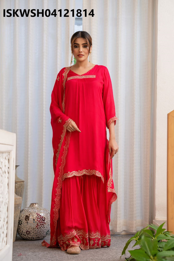 Embroidered Chinon Kurti With Sharara And Dupatta-ISKWSH04121814