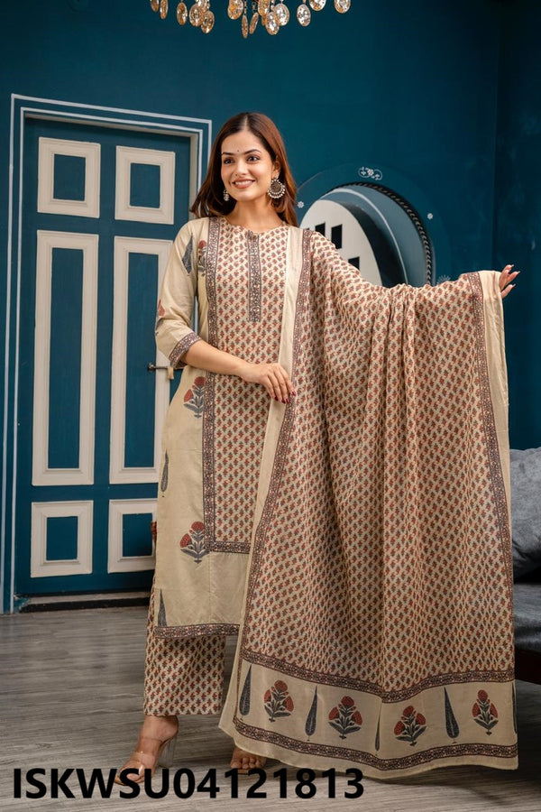 Block Printed Cotton Kurti With Pant And Dupatta-ISKWSU04121813