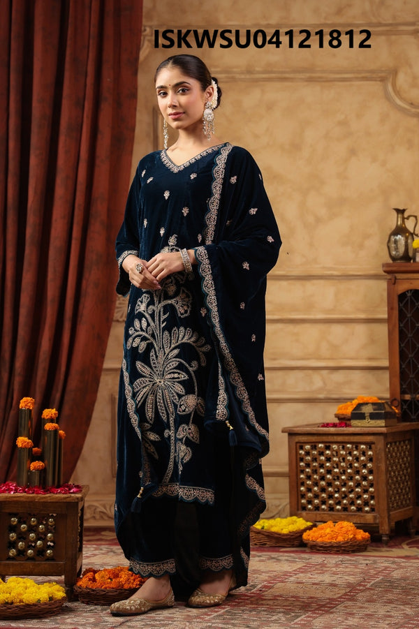 Embroidered Velvet Kurti With Pant And Dupatta-ISKWSU04121812