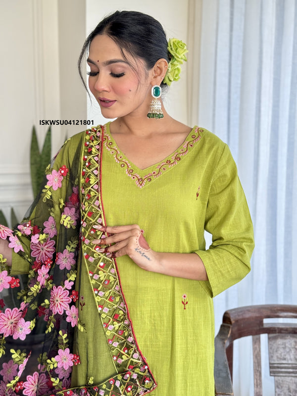 Embroidered Cotton Kurti With Pant And Dupatta-ISKWSU04121801