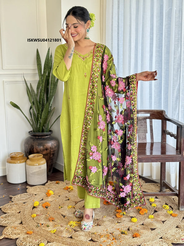 Embroidered Cotton Kurti With Pant And Dupatta-ISKWSU04121801