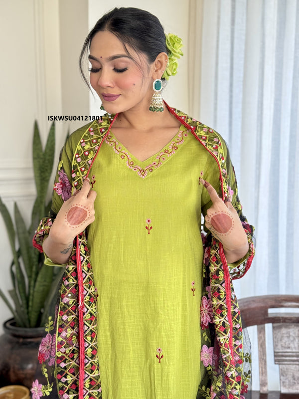 Embroidered Cotton Kurti With Pant And Dupatta-ISKWSU04121801