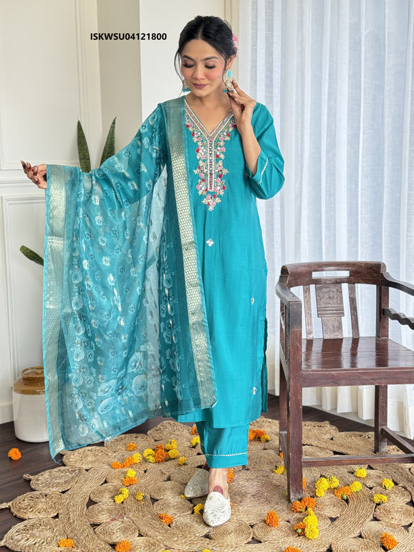 Embroidered Silk Kurti With Pant And Printed Jacquard Silk Dupatta-ISKWSU04121800