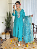 Embroidered Silk Kurti With Pant And Printed Jacquard Silk Dupatta-ISKWSU04121800