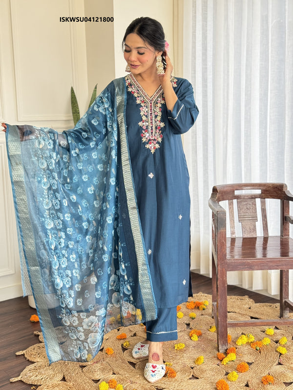 Embroidered Silk Kurti With Pant And Printed Jacquard Silk Dupatta-ISKWSU04121800