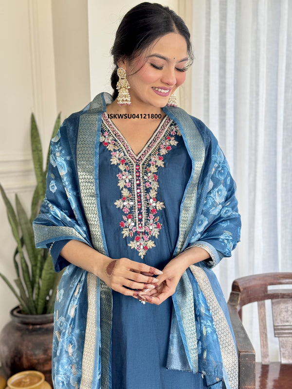 Embroidered Silk Kurti With Pant And Printed Jacquard Silk Dupatta-ISKWSU04121800