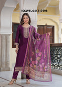 Embroidered Silk Kurti With Pant And Printed Dupatta-ISKWSU041217998